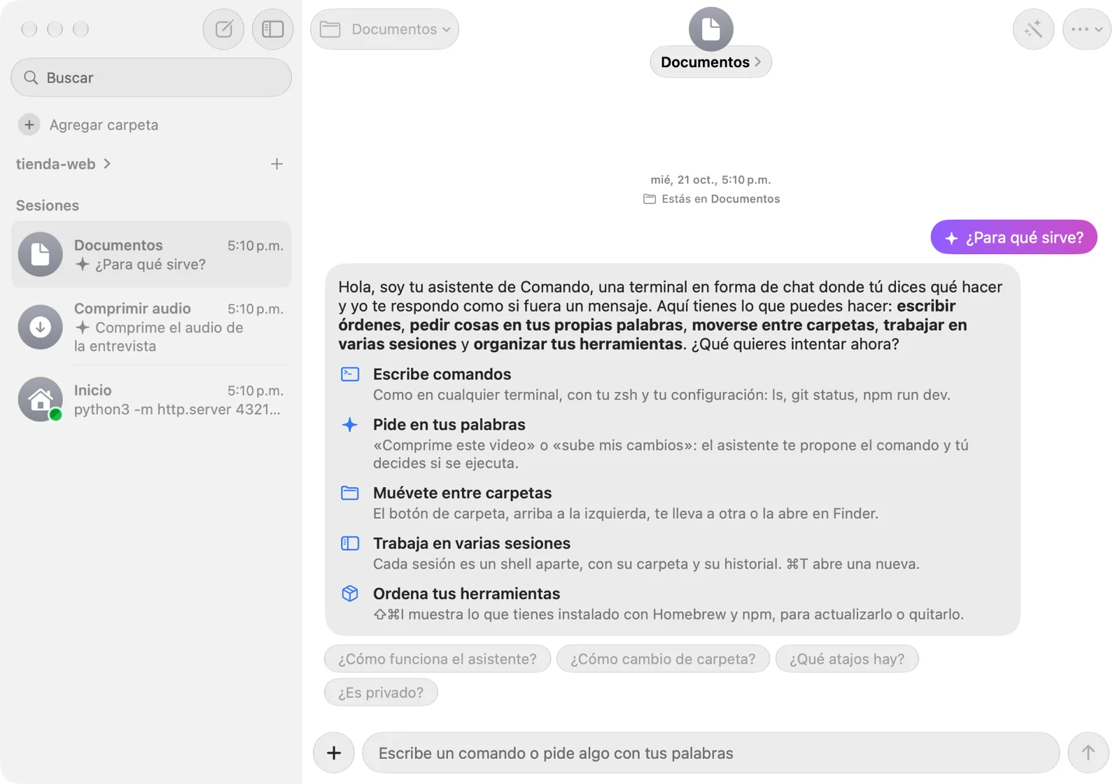 La guía de Comando respondiendo «¿Para qué sirve?» con cinco cosas que puedes hacer y preguntas sugeridas debajo.