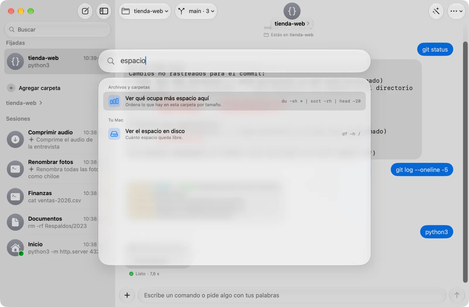 El buscador de recetas sobre la ventana, con «espacio» escrito y dos resultados: ver qué ocupa más espacio aquí y ver el espacio en disco.