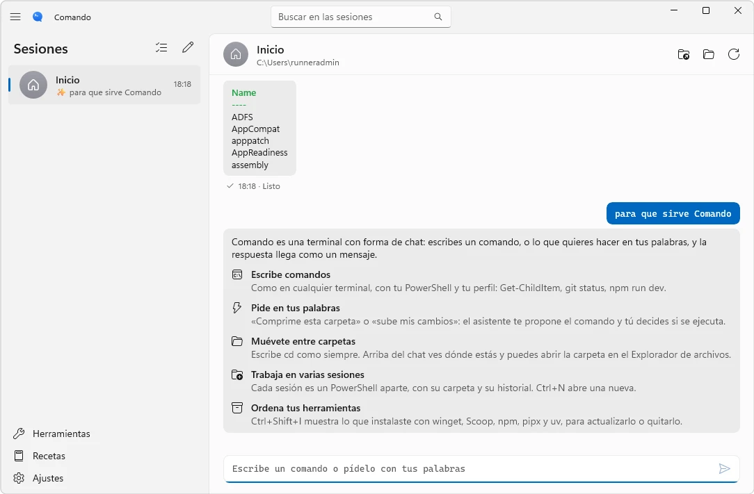 Comando en Windows: la lista de sesiones a la izquierda, un comando de PowerShell con su resultado y la pregunta «para qué sirve Comando» respondida por la guía.